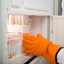 Gloved hand reaching for samples within a laboratory freezer.
