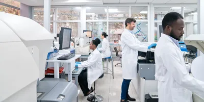 Several scientists both male and female stand at different stations in a lab
