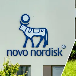Two images cropped together of the Novo Nordisk logo on the side of an office building and the NVIDIA logo on a sign outside another building
