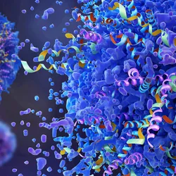 A 3D computer render of blue biomolecules and colorful proteins