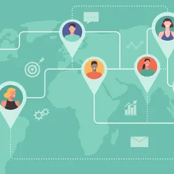 Illustration of global team members connected across continents symbolizing multi-site lab collaboration