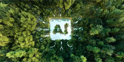 An aerial shot of a forest with a pond in the shape of a computer processor that says AI