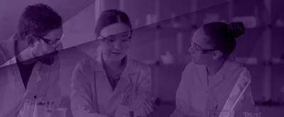 Banner of person in white lab coat leading an academic lab