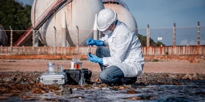 A scientist puts a sample into a test tube. The scientist is outside with a couple of large tanks in the background. 