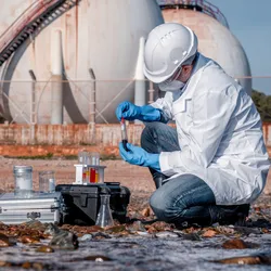 A scientist puts a sample into a test tube. The scientist is outside with a couple of large tanks in the background. 