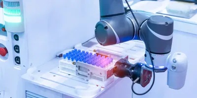Robotic arm handling test tubes in an automated laboratory system for lab automation processes.