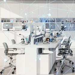 a lab bench with several seats