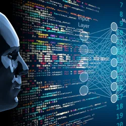 Nodes of a neural network overlaid on a screen of computer code, representing deep learning and artificial intelligence
