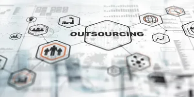 Icon that says "outsourcing" connecting to various other icons