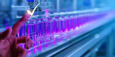 Gloved hand selecting a checklist item on a transparent interface over a background of automated pharmaceutical vials on a production line illuminated with purple light.