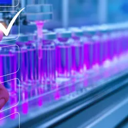 Gloved hand selecting a checklist item on a transparent interface over a background of automated pharmaceutical vials on a production line illuminated with purple light.
