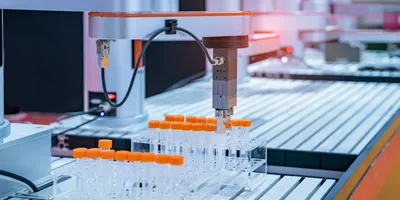 Robotic arm handling test tubes with orange caps in an automated pharmaceutical laboratory, showcasing advanced lab automation technology for drug discovery and analysis.