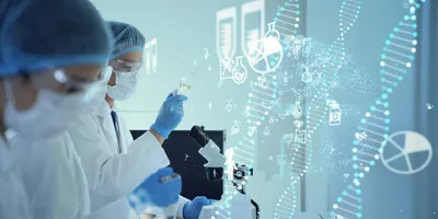 Scientists in full PPE conducting experiments in a laboratory, overlaid with digital DNA strands and molecular icons representing biotechnology and pharmaceutical research.