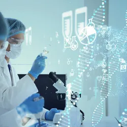 Scientists in full PPE conducting experiments in a laboratory, overlaid with digital DNA strands and molecular icons representing biotechnology and pharmaceutical research.