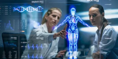 Two scientists analyzing a transparent digital interface displaying a 3D holographic human body, DNA strands, and biometric data visualizations in a futuristic research setting.