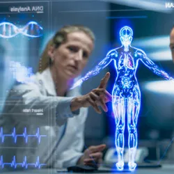 Two scientists analyzing a transparent digital interface displaying a 3D holographic human body, DNA strands, and biometric data visualizations in a futuristic research setting.