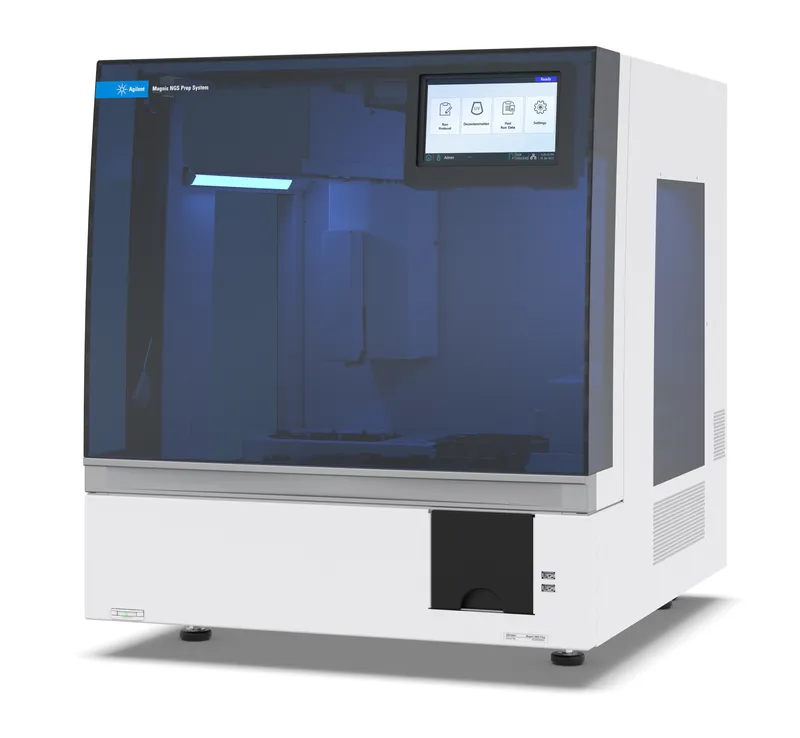 The Agilent Magnus NGS Prep System, an automated laboratory instrument with a blue transparent door and a touchscreen display.