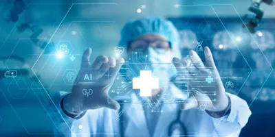 Medical professional in surgical attire interacting with a digital interface displaying AI icons, medical symbols, and molecular structures, representing artificial intelligence in pharmaceutical innovation.