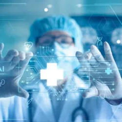 Medical professional in surgical attire interacting with a digital interface displaying AI icons, medical symbols, and molecular structures, representing artificial intelligence in pharmaceutical innovation.