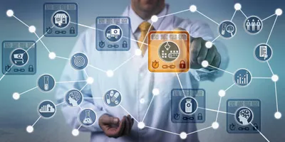 Scientist in a lab coat interacting with a transparent interface displaying interconnected blockchain icons related to pharmaceutical supply chain, data security, and traceability.