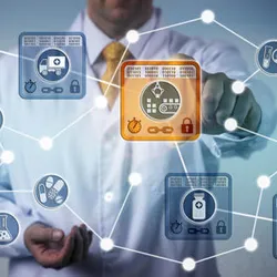Scientist in a lab coat interacting with a transparent interface displaying interconnected blockchain icons related to pharmaceutical supply chain, data security, and traceability.