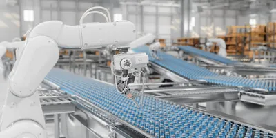 Robotic arm operating over a conveyor belt filled with uniform blue-capped pharmaceutical vials in an advanced automated manufacturing facility.