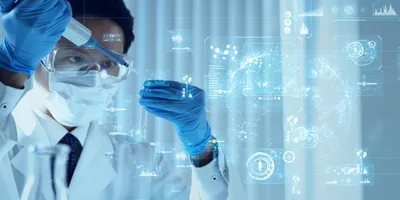 Scientist pipettes into a tube with charts and data holograms floating around him, representing artificial intelligence being used in life science research