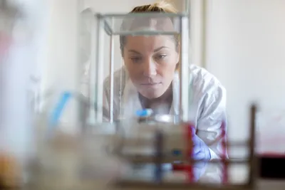 Scientist inspecting an analytical balance in a laboratory, emphasizing the role of leveling in accurate weight calibration and ISO 17025 compliance.