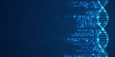 DNA test. Big genomic data visualization on blue background