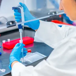 Rear view close-up of a female biologist pipetting cells in a laboratory