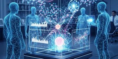 A futuristic laboratory scene with a blue glow. Four transparent, glowing blue wireframe figures, representing AI agents, stand around a large, rectangular holographic display in the center. The display shows intricate molecular structures, colorful data visualizations with graphs and charts, and interconnected network lines. In the background, a human scientist in a white lab coat can be seen sitting at a desk, observing the AI's work.