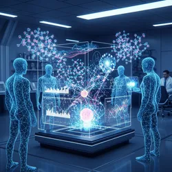 A futuristic laboratory scene with a blue glow. Four transparent, glowing blue wireframe figures, representing AI agents, stand around a large, rectangular holographic display in the center. The display shows intricate molecular structures, colorful data visualizations with graphs and charts, and interconnected network lines. In the background, a human scientist in a white lab coat can be seen sitting at a desk, observing the AI's work.
