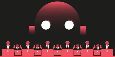 A giant robot peers over a group of office workers, symbolizing the security risks of shadow AI use in the lab