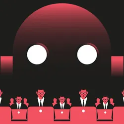A giant robot peers over a group of office workers, symbolizing the security risks of shadow AI use in the lab