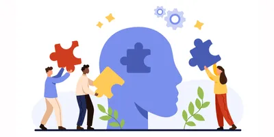 Illustration of people inserting puzzle pieces into the head of a human silhouette, representing mental health in the workplace
