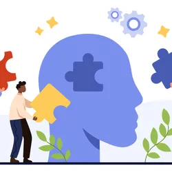 Illustration of people inserting puzzle pieces into the head of a human silhouette, representing mental health in the workplace