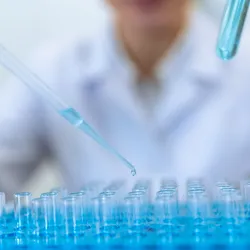 Gloved technician pipetting into vial rack during batch sample preparation