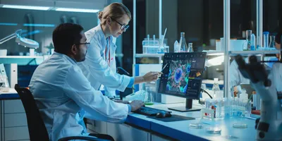 Female Research Scientist with Bioengineer Working on a Personal Computer with Screen Showing Virus Analysis Software User Interface. Scientists Developing Vaccine, Drugs and Antibiotics in Laboratory