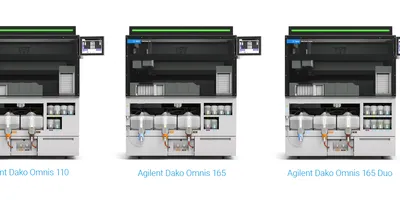 The image displays three models of the Agilent Dako Omnis family of laboratory instruments used in pathology and diagnostics.