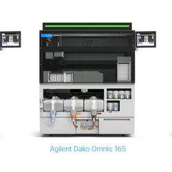 The image displays three models of the Agilent Dako Omnis family of laboratory instruments used in pathology and diagnostics.