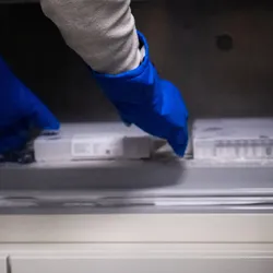 Person wearing protective gloves placing lab freezer boxes into an ultra-low temperature freezer, illustrating cold storage practices. Sustainable cold storage practices are essential to reduce a lab's energy footprint
