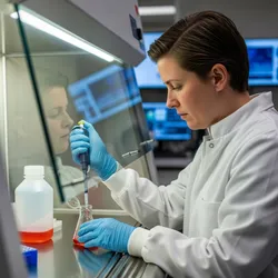 Scientist practicing aseptic technique in a biosafety cabinet, using a pipette to transfer red liquid into a flask while wearing gloves and a lab coat.