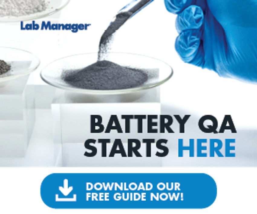 Banner ad showing battery material being poured, promoting a free QA guide.