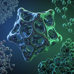 A futuristic rendering of interconnected molecular structures and a complex geometric lattice, representing the future of materials science and advanced materials design.