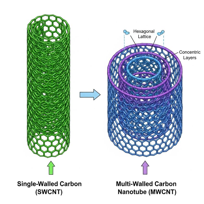 illustration showing single and multi-walled carbon nanotubes
