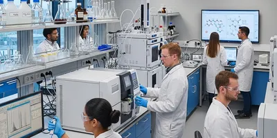 Analytical chemistry lab with scientists performing quality control testing using advanced instruments.