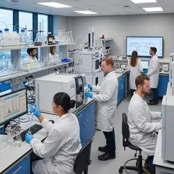 Analytical chemistry lab with scientists performing quality control testing using advanced instruments.