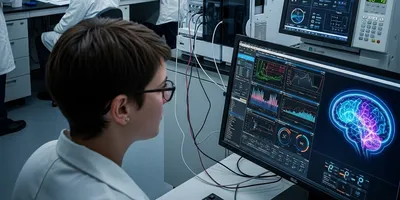 Scientists in a modern laboratory work with advanced analytical chemistry instruments, while a researcher at the front monitors AI-driven data visualizations of molecular structures and brain activity on computer screens.
