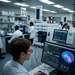 Scientists in a modern laboratory work with advanced analytical chemistry instruments, while a researcher at the front monitors AI-driven data visualizations of molecular structures and brain activity on computer screens.