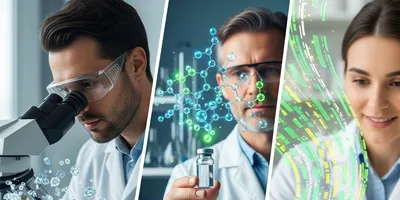 A three-panel collage showing different applications of analytical chemistry: a scientist using a microscope with molecular structures illustrated, another holding a vial with a molecular diagram floating above it, and a third interacting with a glowing apple with digital data streams emerging, symbolizing food chemistry and biotechnology.